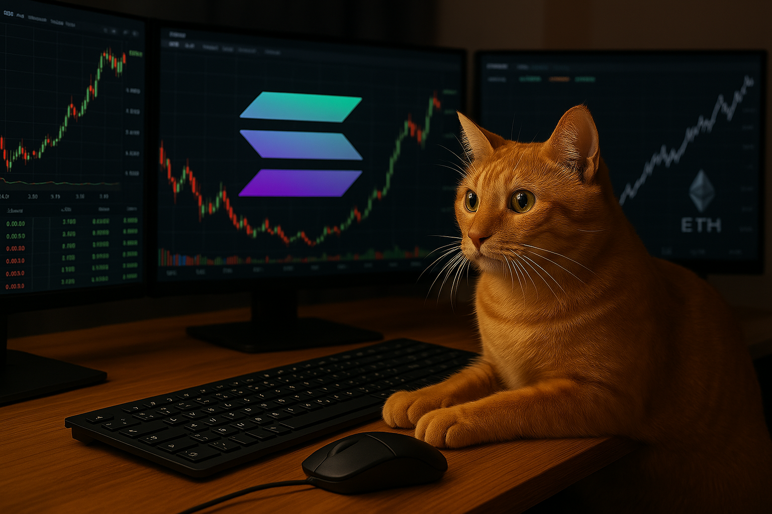 Cat trader analyzing crypto markets